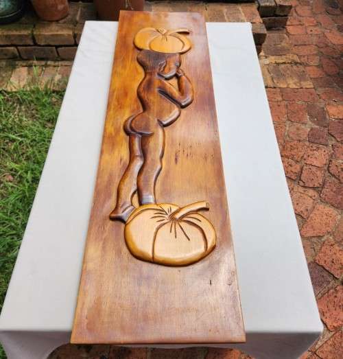 VINTAGE 1983 WOODEN CARVING BY G FOUCHE  BUTT NAKED AFRICAN BOY WITH PUMPKIN ON HEAD