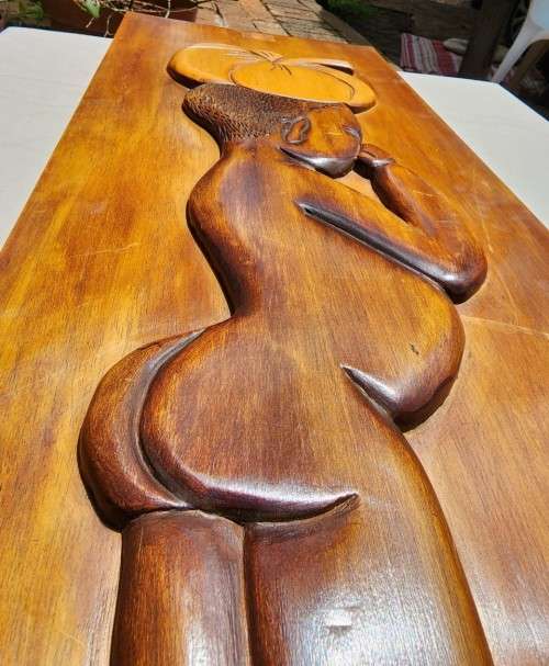 VINTAGE 1983 WOODEN CARVING BY G FOUCHE  BUTT NAKED AFRICAN BOY WITH PUMPKIN ON HEAD