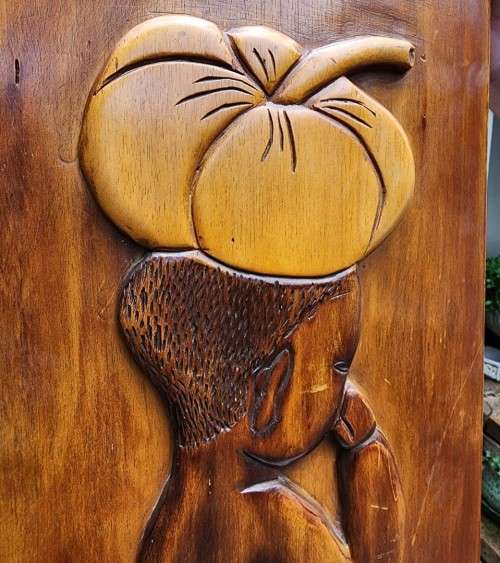 VINTAGE 1983 WOODEN CARVING BY G FOUCHE  BUTT NAKED AFRICAN BOY WITH PUMPKIN ON HEAD