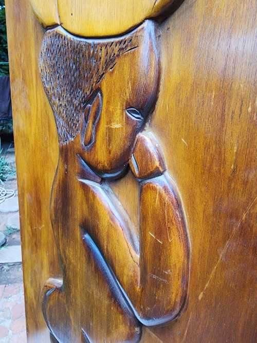 VINTAGE 1983 WOODEN CARVING BY G FOUCHE  BUTT NAKED AFRICAN BOY WITH PUMPKIN ON HEAD