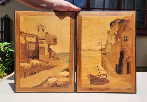 TWO WOODEN INLAY ARTWORKS MADE IN ITALY  ISLAND HOMES WITH FISHING BOATS