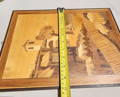 TWO WOODEN INLAY ARTWORKS MADE IN ITALY  ISLAND HOMES WITH FISHING BOATS