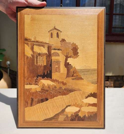TWO WOODEN INLAY ARTWORKS MADE IN ITALY  ISLAND HOMES WITH FISHING BOATS