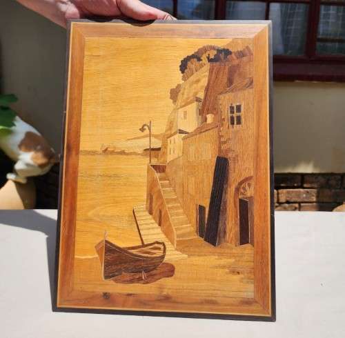 TWO WOODEN INLAY ARTWORKS MADE IN ITALY  ISLAND HOMES WITH FISHING BOATS