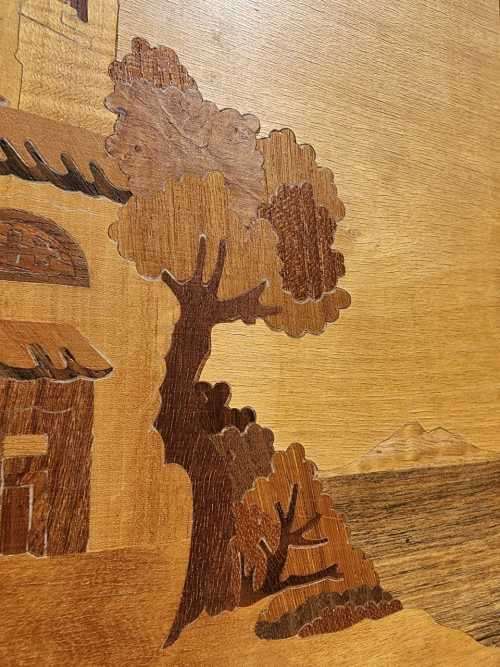 TWO WOODEN INLAY ARTWORKS MADE IN ITALY  ISLAND HOMES WITH FISHING BOATS