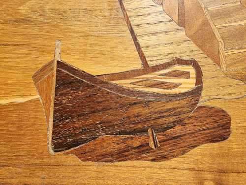 TWO WOODEN INLAY ARTWORKS MADE IN ITALY  ISLAND HOMES WITH FISHING BOATS