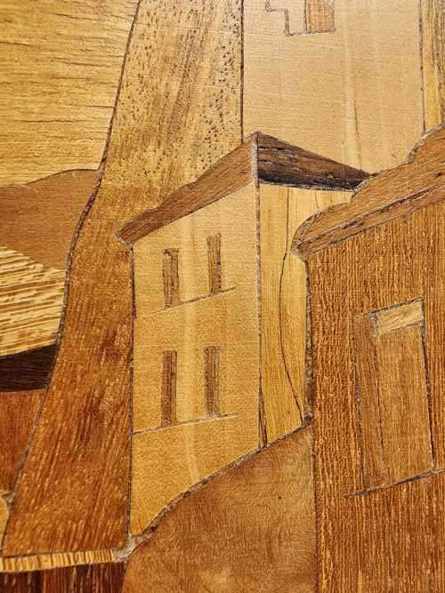 TWO WOODEN INLAY ARTWORKS MADE IN ITALY  ISLAND HOMES WITH FISHING BOATS
