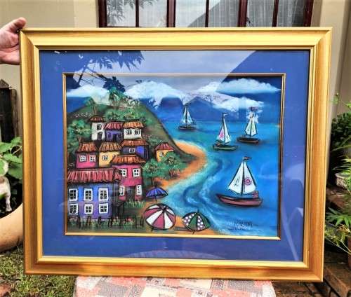 ISLAND AND SAILBOAT ORIGINAL PASTEL UNDER GLASS SIGNED MARITA VAN VOLLENHOVEN LARGE 90CM W 76CM H