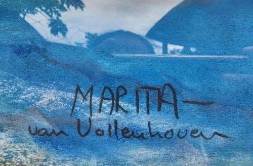 ISLAND AND SAILBOAT ORIGINAL PASTEL UNDER GLASS SIGNED MARITA VAN VOLLENHOVEN LARGE 90CM W 76CM H