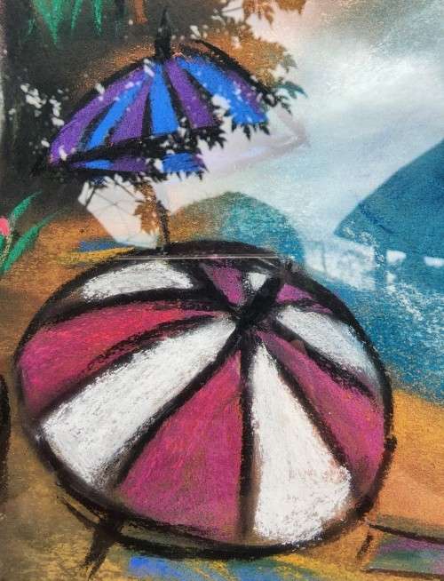 ISLAND AND SAILBOAT ORIGINAL PASTEL UNDER GLASS SIGNED MARITA VAN VOLLENHOVEN LARGE 90CM W 76CM H
