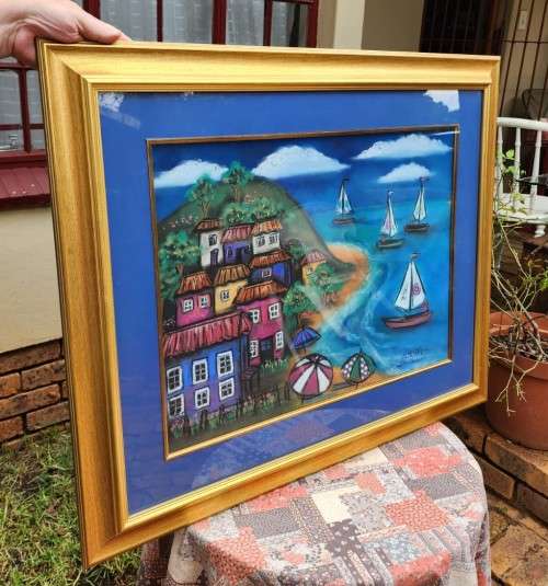 ISLAND AND SAILBOAT ORIGINAL PASTEL UNDER GLASS SIGNED MARITA VAN VOLLENHOVEN LARGE 90CM W 76CM H