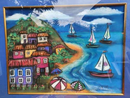 ISLAND AND SAILBOAT ORIGINAL PASTEL UNDER GLASS SIGNED MARITA VAN VOLLENHOVEN LARGE 90CM W 76CM H