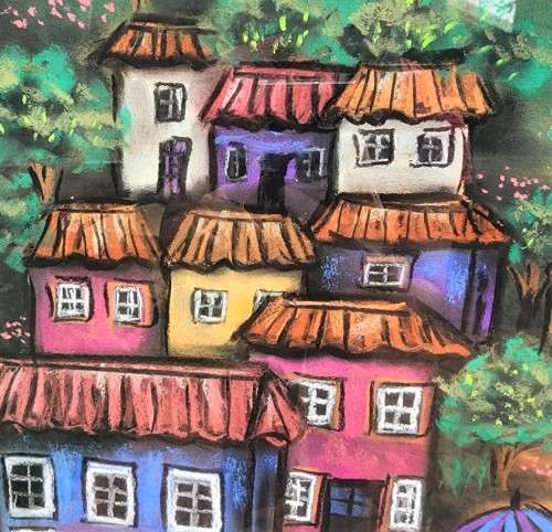 ISLAND AND SAILBOAT ORIGINAL PASTEL UNDER GLASS SIGNED MARITA VAN VOLLENHOVEN LARGE 90CM W 76CM H