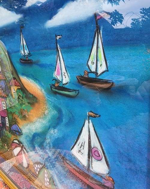ISLAND AND SAILBOAT ORIGINAL PASTEL UNDER GLASS SIGNED MARITA VAN VOLLENHOVEN LARGE 90CM W 76CM H
