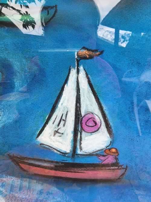 ISLAND AND SAILBOAT ORIGINAL PASTEL UNDER GLASS SIGNED MARITA VAN VOLLENHOVEN LARGE 90CM W 76CM H