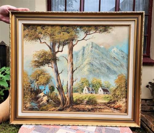 CAPE DUTCH HOMES WITH EUCALYPTUS TREES VINTAGE ORIGINAL OIL ON BOARD SIGNED F PARTHER LARGE 73CM W