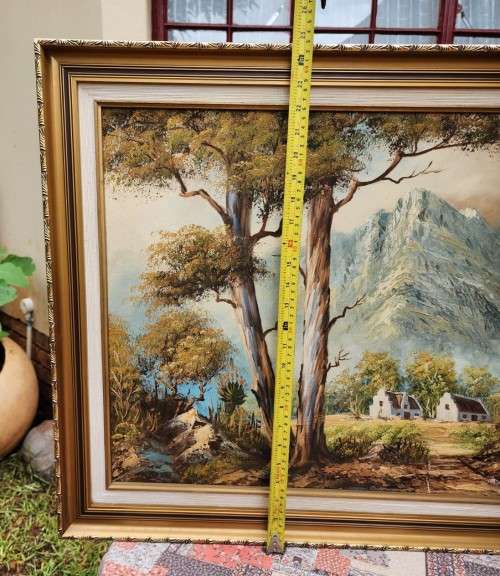 CAPE DUTCH HOMES WITH EUCALYPTUS TREES VINTAGE ORIGINAL OIL ON BOARD SIGNED F PARTHER LARGE 73CM W