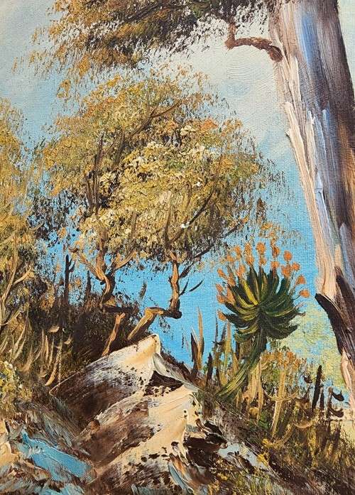 CAPE DUTCH HOMES WITH EUCALYPTUS TREES VINTAGE ORIGINAL OIL ON BOARD SIGNED F PARTHER LARGE 73CM W