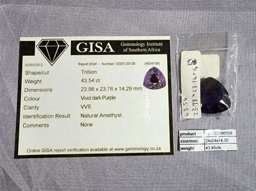 VIVID DARK PURPLE HUGE 43.54CT AMETHYST GEMSTONE WITH AN AMAZING TRILLION CUT (30 - 50 FACETS!)