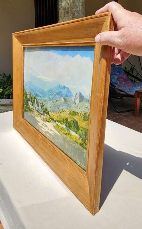 TINUS DE JONGH (1885-1942) CAPE DUTCH FARMSTEAD AND MOUNTAINS VINTAGE WOODEN FRAMED PRINT
