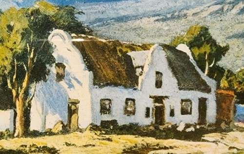 TINUS DE JONGH (1885-1942) CAPE DUTCH FARMSTEAD AND MOUNTAINS VINTAGE WOODEN FRAMED PRINT