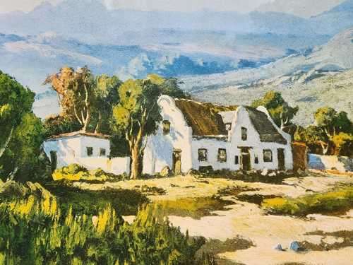 TINUS DE JONGH (1885-1942) CAPE DUTCH FARMSTEAD AND MOUNTAINS VINTAGE WOODEN FRAMED PRINT