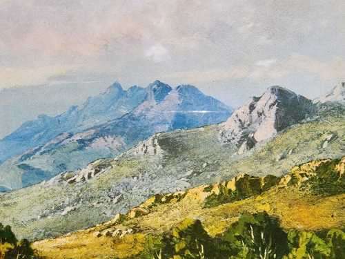 TINUS DE JONGH (1885-1942) CAPE DUTCH FARMSTEAD AND MOUNTAINS VINTAGE WOODEN FRAMED PRINT