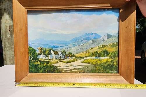 TINUS DE JONGH (1885-1942) CAPE DUTCH FARMSTEAD AND MOUNTAINS VINTAGE WOODEN FRAMED PRINT
