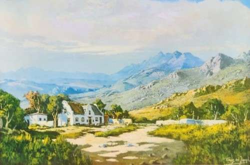 TINUS DE JONGH (1885-1942) CAPE DUTCH FARMSTEAD AND MOUNTAINS VINTAGE WOODEN FRAMED PRINT