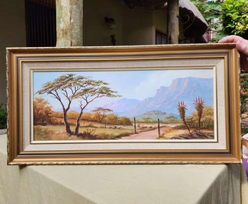 PAULA VAN EMMENIS (1949-2017) FARM GATE, ALOES AND WATERBERG MOUNTAINS ORIGINAL 1993 OIL LANDSCAPE