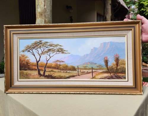 PAULA VAN EMMENIS (1949-2017) FARM GATE, ALOES AND WATERBERG MOUNTAINS ORIGINAL 1993 OIL LANDSCAPE