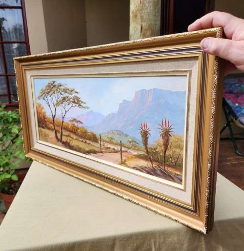 PAULA VAN EMMENIS (1949-2017) FARM GATE, ALOES AND WATERBERG MOUNTAINS ORIGINAL 1993 OIL LANDSCAPE