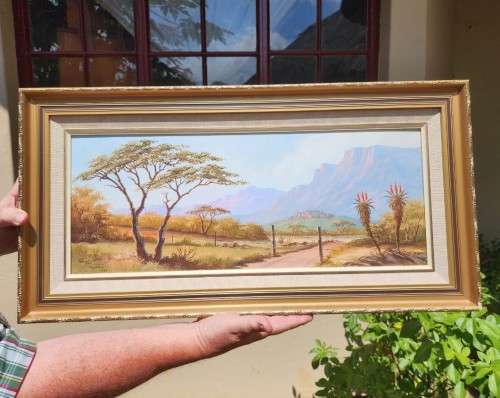 PAULA VAN EMMENIS (1949-2017) FARM GATE, ALOES AND WATERBERG MOUNTAINS ORIGINAL 1993 OIL LANDSCAPE