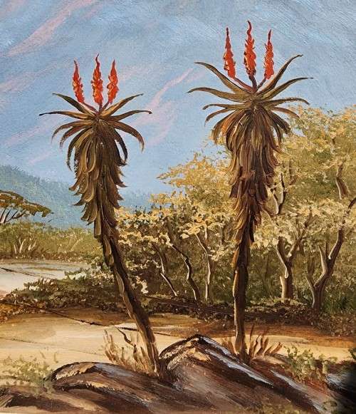 PAULA VAN EMMENIS (1949-2017) FARM GATE, ALOES AND WATERBERG MOUNTAINS ORIGINAL 1993 OIL LANDSCAPE