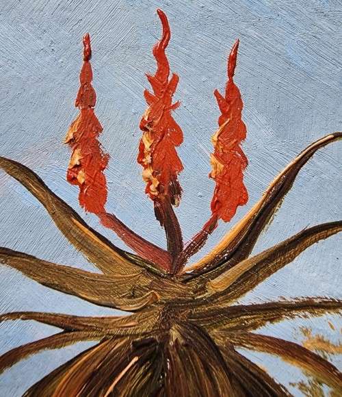 PAULA VAN EMMENIS (1949-2017) FARM GATE, ALOES AND WATERBERG MOUNTAINS ORIGINAL 1993 OIL LANDSCAPE