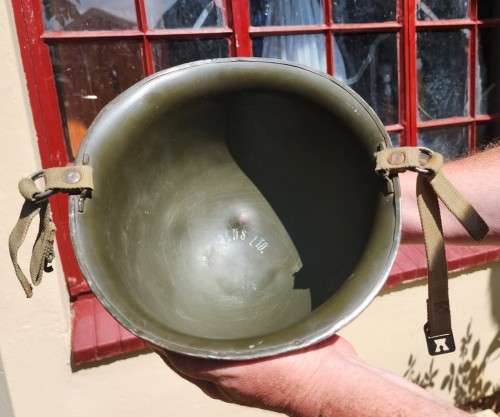 VINTAGE SADF CJ FUCHS LTD 1960S GREEN STAALDAK HELMET WITH INNER LINING