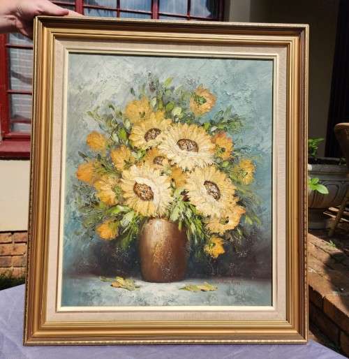 VINTAGE SIGNED S BANTON STILL LIFE FLORAL BOUQUET ORIGINAL OIL ON BOARD LARGE 63CM W 73CM H