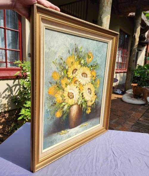 VINTAGE SIGNED S BANTON STILL LIFE FLORAL BOUQUET ORIGINAL OIL ON BOARD LARGE 63CM W 73CM H