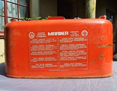 METAL MARINER 24 LITER OUTBOARD FUEL TANK WITH SOME FUEL STILL INSIDE