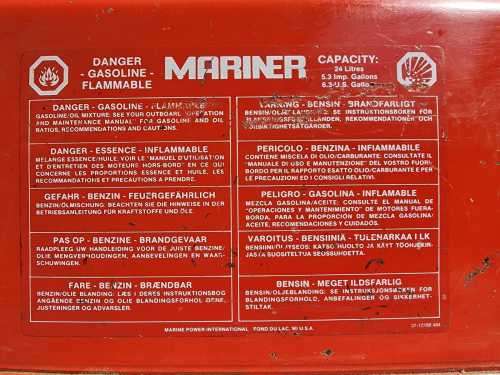 METAL MARINER 24 LITER OUTBOARD FUEL TANK WITH SOME FUEL STILL INSIDE