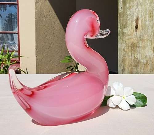 MAGNIFICENT MURANO PINK SOMMERSO ALABASTRO GLASS DUCK 13,0CM HIGH