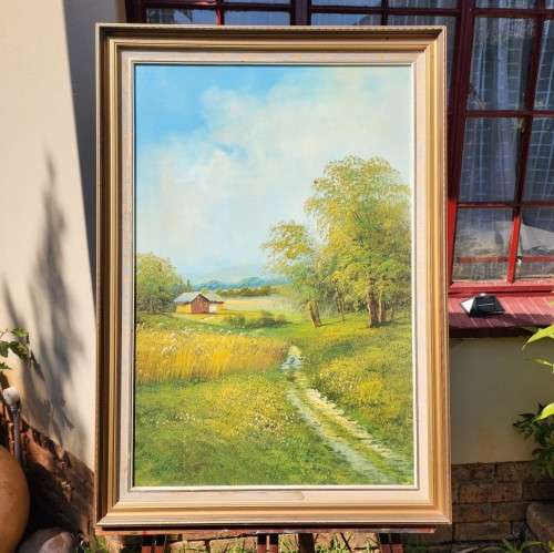 M RAYMAND COUNTRY LANE LANDSCAPE ORIGINAL OIL ON BOARD VINTAGE LARGE 103CM H 72CM W