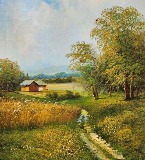 M RAYMAND COUNTRY LANE LANDSCAPE ORIGINAL OIL ON BOARD VINTAGE LARGE 103CM H 72CM W