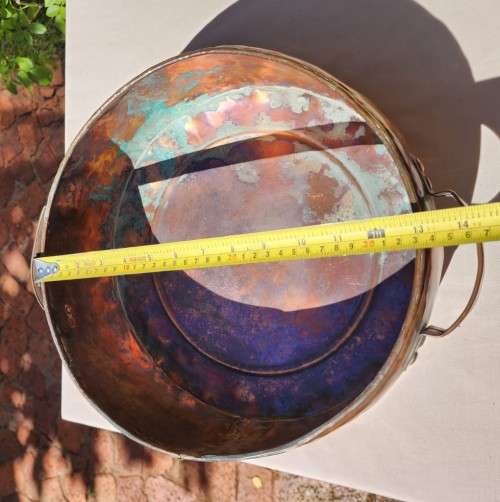 ANTIQUE 1840S-1880S HANDMADE RIVETED COPPER JAM PAN WITH HANDLES - LARGE 33CM DIAMETER