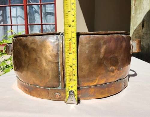 ANTIQUE 1840S-1880S HANDMADE RIVETED COPPER JAM PAN WITH HANDLES - LARGE 33CM DIAMETER