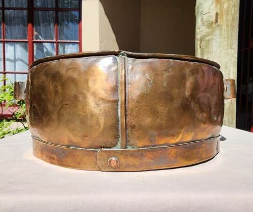 ANTIQUE 1840S-1880S HANDMADE RIVETED COPPER JAM PAN WITH HANDLES - LARGE 33CM DIAMETER