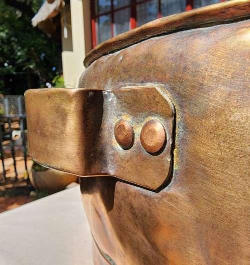 ANTIQUE 1840S-1880S HANDMADE RIVETED COPPER JAM PAN WITH HANDLES - LARGE 33CM DIAMETER