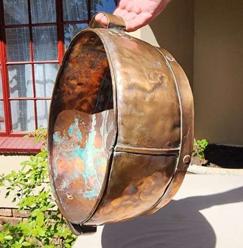 ANTIQUE 1840S-1880S HANDMADE RIVETED COPPER JAM PAN WITH HANDLES - LARGE 33CM DIAMETER