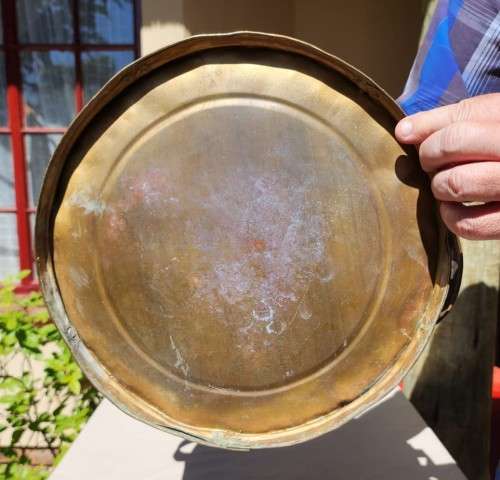 ANTIQUE 1840S-1880S HANDMADE RIVETED COPPER JAM PAN WITH HANDLES - LARGE 33CM DIAMETER