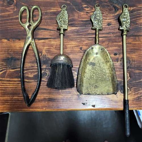 NAUTICAL THEME BRASS FIREPLACE TOOL SET WITH SAILING SHIP DESIGN 56CM HIGH